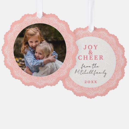 Custom Ivoor Wit Mandala krans op perzik roze Ornament Kaart (Voorkant / Achterkant)