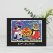 Custom Jack O'Lantern Halloween Heks Cat Flat Kaart (Staand voorkant)