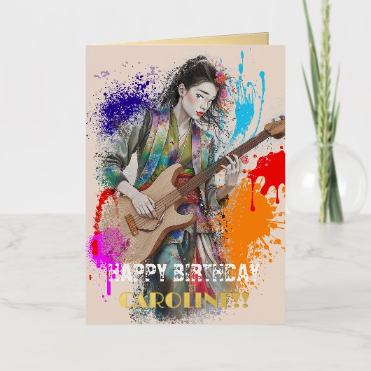 Custom Japanese Woman Gitarist Art Inspirerend Folie Wenskaart (Voorkant)