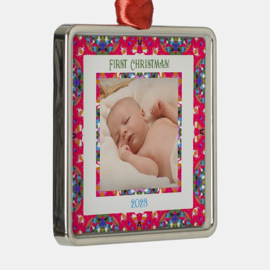 Custom Jolly Happy First Christmas Photo Lijst Metalen Ornament (Rechts)