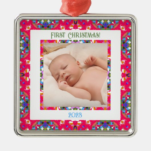 Custom Jolly Happy First Christmas Photo Lijst Metalen Ornament (Voorkant)