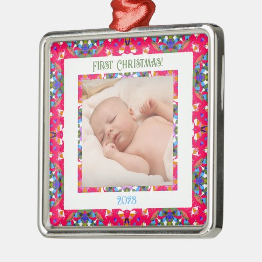 Custom Jolly Happy First Christmas Photo Lijst Metalen Ornament (Links)