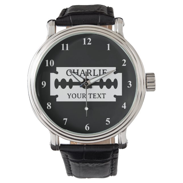 Custom kapper shop horloge met scheermes logo (Voorkant)