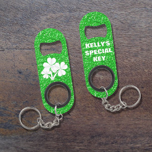 Custom·Kelly Green Glitter Witte Shamrocks Sleutelhanger Flessenopener