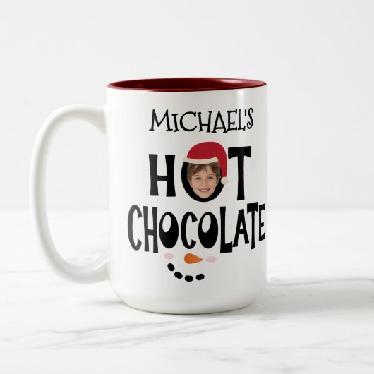 Custom Kid Face & Name Hot Chocolate Christmas Tweekleurige Koffiemok (Links)
