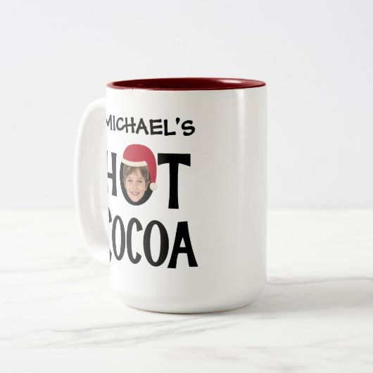 Custom Kid Face & Name Hot Cocoa Christmas Tweekleurige Koffiemok (Voorkant links)