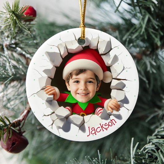 Custom Kids Face Photo Funny Christmas Elf Name Keramisch Ornament