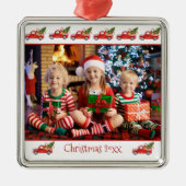 Custom Kinderfoto Rode Vrachtwagen Kerstmis Metalen Ornament (Voorkant)