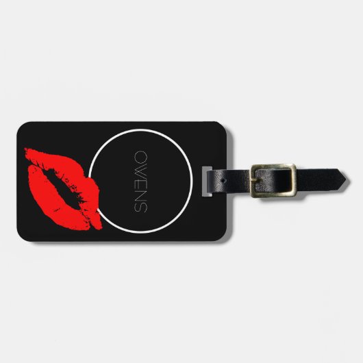 Custom Kiss Lips Black Red Lipstick Owens Monogram Bagagelabel (Voorkant horizontaal)