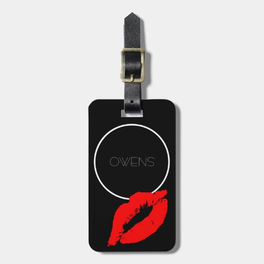 Custom Kiss Lips Black Red Lipstick Owens Monogram Bagagelabel (Voorkant verticaal)