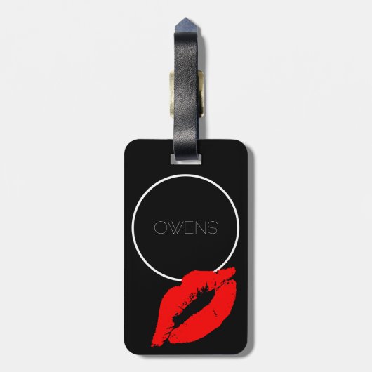 Custom Kiss Lips Black Red Lipstick Owens Monogram Bagagelabel (Achterkant verticaal)