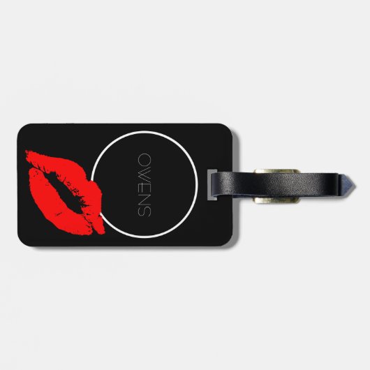 Custom Kiss Lips Black Red Lipstick Owens Monogram Bagagelabel (Achterkant horizontaal)