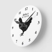 Custom kitchen wall clock with rustic chicken logo ronde klok (Hoek)