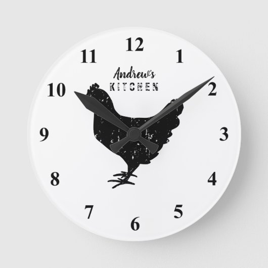 Custom kitchen wall clock with rustic chicken logo ronde klok (Voorkant)
