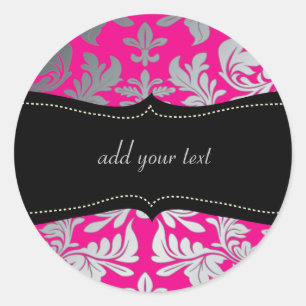 Custom Kleur/Faux zilver barok damast heet roze Ronde Sticker