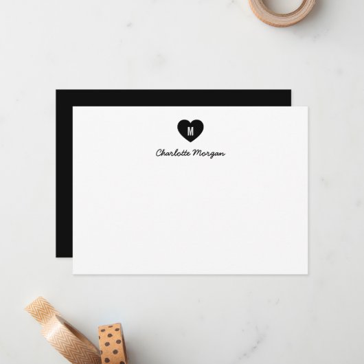 Custom Kleur Monogram Hart Modern Script Notitiekaartje (Voorkant / Achterkant in situ)