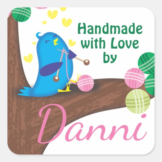 Custom kleur schattig blauw vogel breien naalden g vierkante sticker (Voorkant)