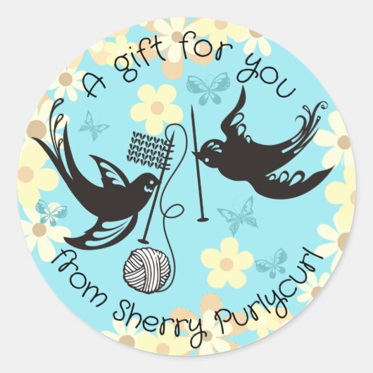 Custom kleur vogels breien naalden bal van garen ronde sticker (Voorkant)