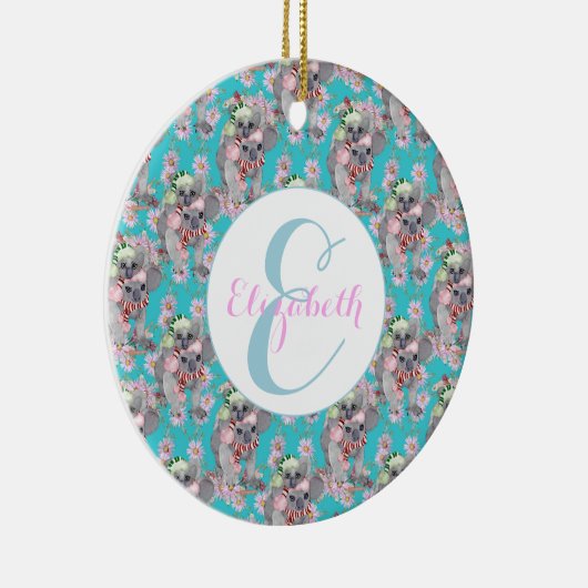 Custom Koala Christmas Botanical  Blauw Keramisch Ornament (Rechts)