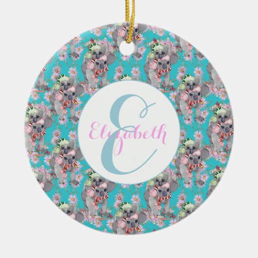 Custom Koala Christmas Botanical  Blauw Keramisch Ornament (Voorkant)