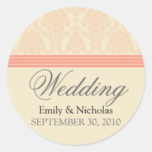 :custom: koraal/crème Damask bruiloft uitnodigen z Ronde Sticker