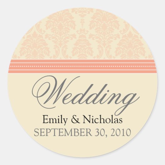 :custom: koraal/crème Damask bruiloft uitnodigen z Ronde Sticker (Voorkant)