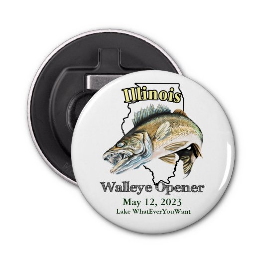 Custom Lake and Date Illinois Walleye Open Button Flesopener (Voorkant)