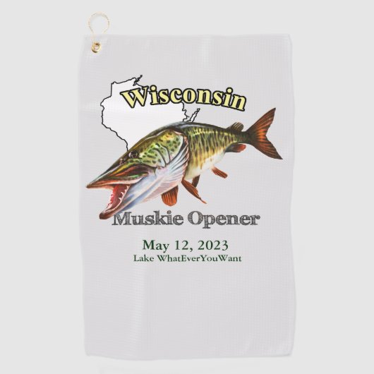 Custom Lake/Date Wisconsin Muskie Vissen Towel Golfhanddoek (Voorkant)