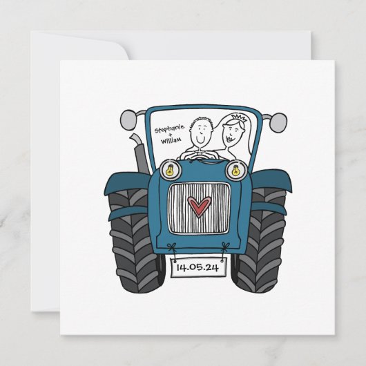 Custom Land Bruiloft Blauwe Tractor Avond Kaart (Voorkant)