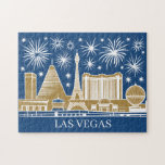 Custom Las Vegas Strip Skyline Vintage Cityscape Legpuzzel<br><div class="desc">This design shows the Las Vegas Strip skyline with brilliant fireworks above the cityscape, featuring famous iconic landmarks including the Luxor Pyramid, Paris Las Vegas Eiffel Tower, and Mandalay Bay. Illustrated in a clean bold minimalist line art style with a mid‑century modern illustration and retro vintage style influence, it uses...</div>