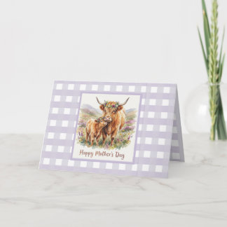 Custom Lavender Highland Cow Gingham Mother's Day Kaart