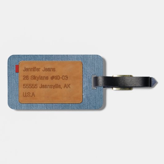 Custom Leather Label Blue Jean Denim Bagagelabel (Achterkant horizontaal)