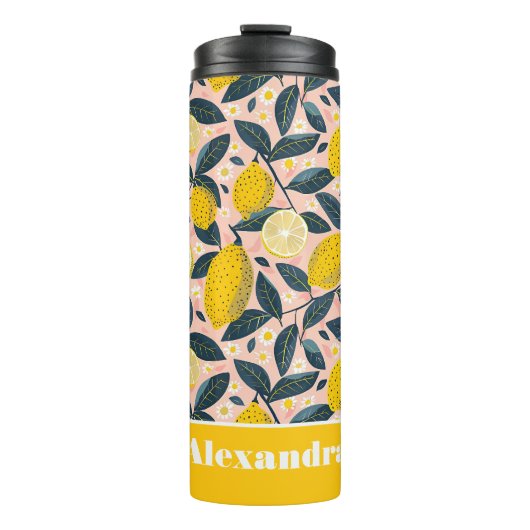 Custom Lemon Pattern Water Bottle with Name Thermosbeker (Voorkant)
