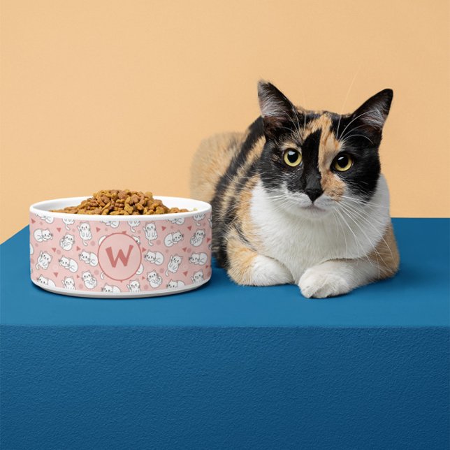 Custom Leuke Speelse Katten Patroon Roze Wit Pet Voerbakje (Creator heeft geüpload)
