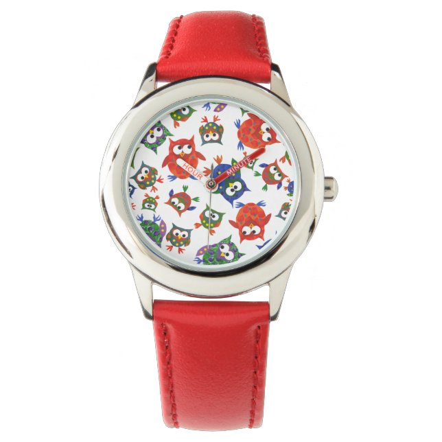 Custom Leuke Uilen Kind polshorloge, rood Horloge (Voorkant)
