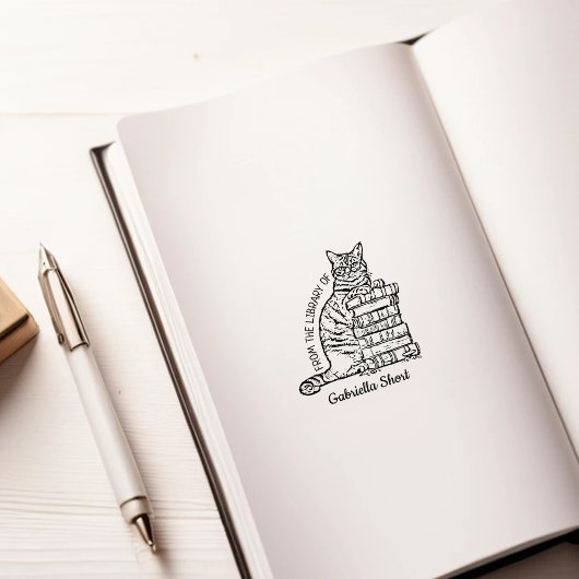 Custom Library Cat Bookplate Rubberstempel