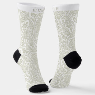 Custom Light Pastel Sage Green White Paisley Sokken