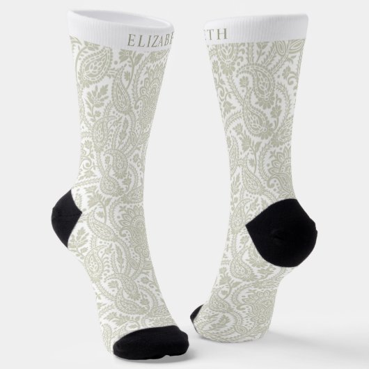 Custom Light Pastel Sage Green White Paisley Sokken (Gebogen)