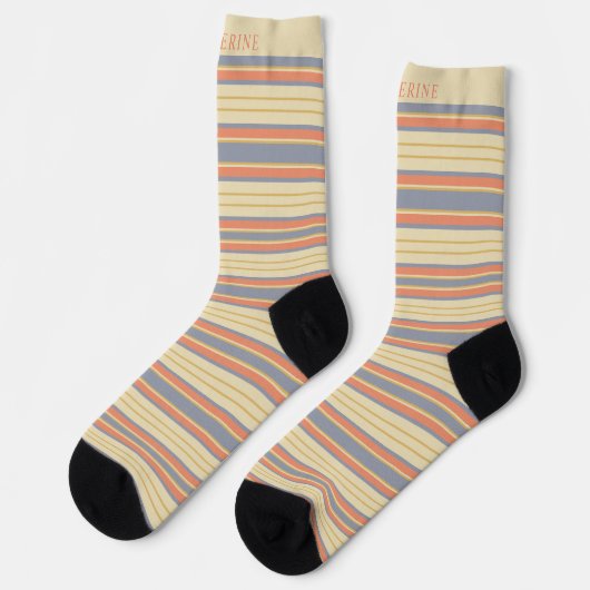 Custom Light Yellow Dark Orange Grey Stripes Sokken (Links)