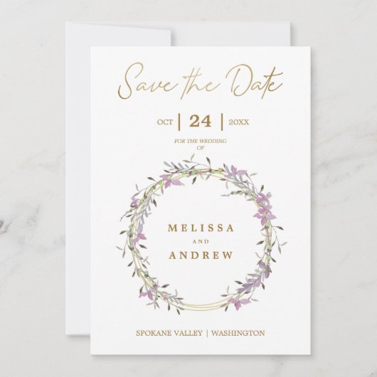 Custom Lilac Elegant Garland Wreath Wedding Save The Date (Voorkant)
