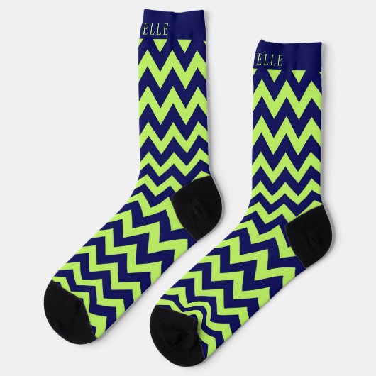 Custom Lime Green Navy Blue Chevron Patroon Sokken (Links)