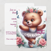 Custom Little Ballerina Bear Birthday Invitation Kaart (Voorkant / Achterkant)