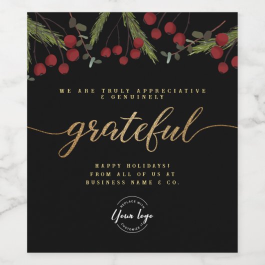 Custom logo Botanical Foliage “Grateful” Holiday Wijn Etiket (Enkel label)