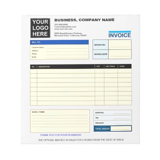 Custom Logo Business Invoice Order Form Notitieblok (Voorkant)
