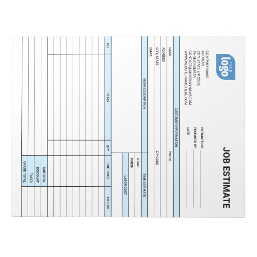 Custom Logo Business Job Estimate Form Notepad Notitieblok (Voorkant)