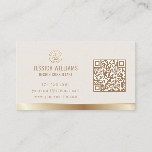 Custom Logo Elegant Beige Gold QR Code Visitekaartje (Achterkant)