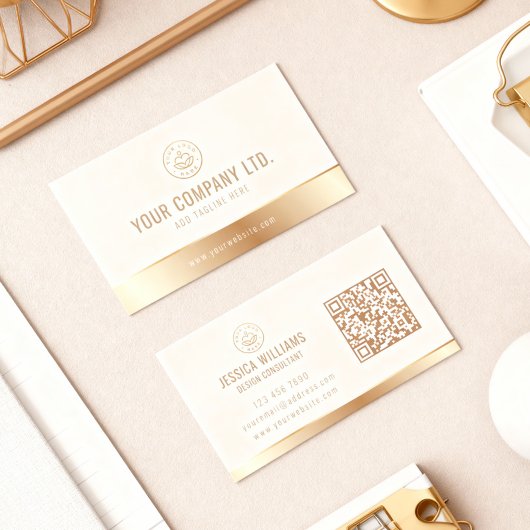 Custom Logo Elegant Beige Gold QR Code Visitekaartje