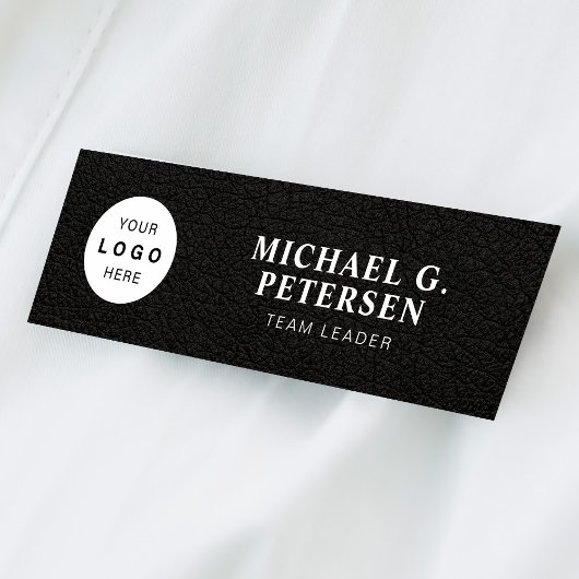 Custom logo elegant black leather white title naambadge