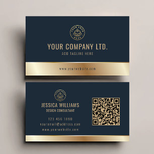 Custom Logo Elegant Blue Gold QR Code Visitekaartje