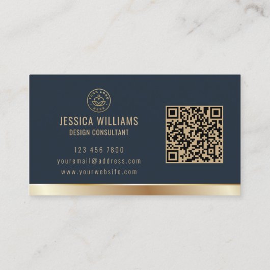 Custom Logo Elegant Blue Gold QR Code Visitekaartje (Achterkant)